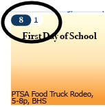 Blue circle with calendar day and white circle with cycle day